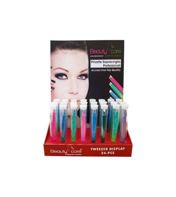 ESPOSITORE 24 PZ - PINZETTA TAGLIO OBLIQUO BEAUTYCORE - 1 expo + 24 pinzette