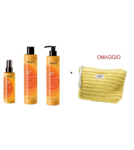 Kit 4pz TRATTAMENTO sole SUPER SUN CAPELLI Shampoo+Maschera+Spray+Pochette DIKSO